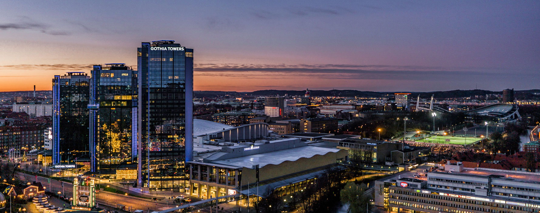 utsikt över Svenska Mässan, Gothia Towers, Scandinavium & Ullivi Stadium